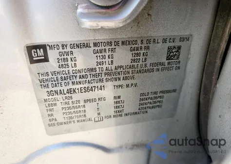 2014 Chevrolet Captiva Ltz z USA, uszkodzony, nr VIN 3GNAL4EK1ES647141